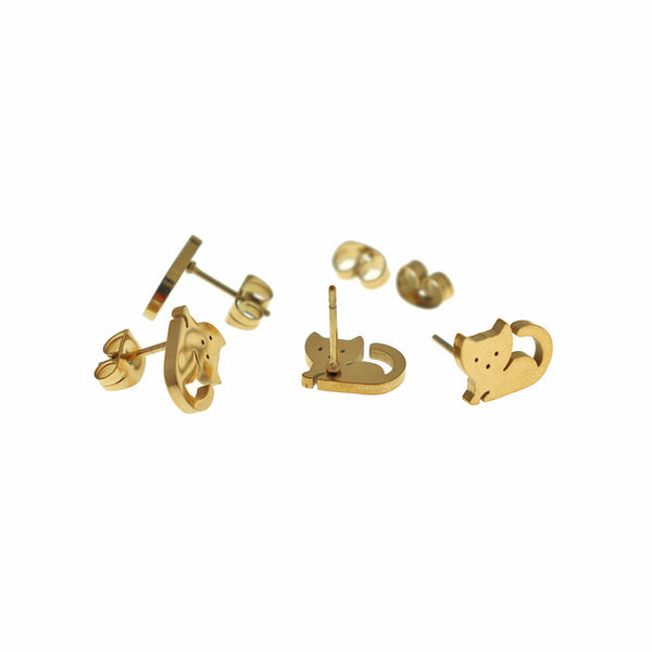 Gold Tone Stainless Steel Earrings - Cat Studs - 11mm x 8mm - 2 Pieces 1 Pair - ER997