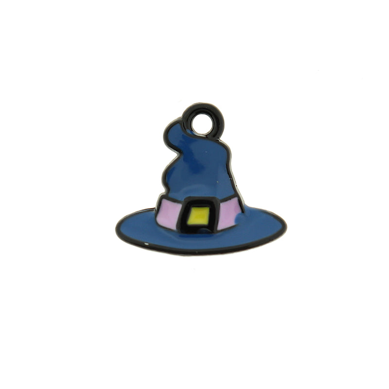 5 Blue Witch Hat Black Tone Enamel Charms - E135