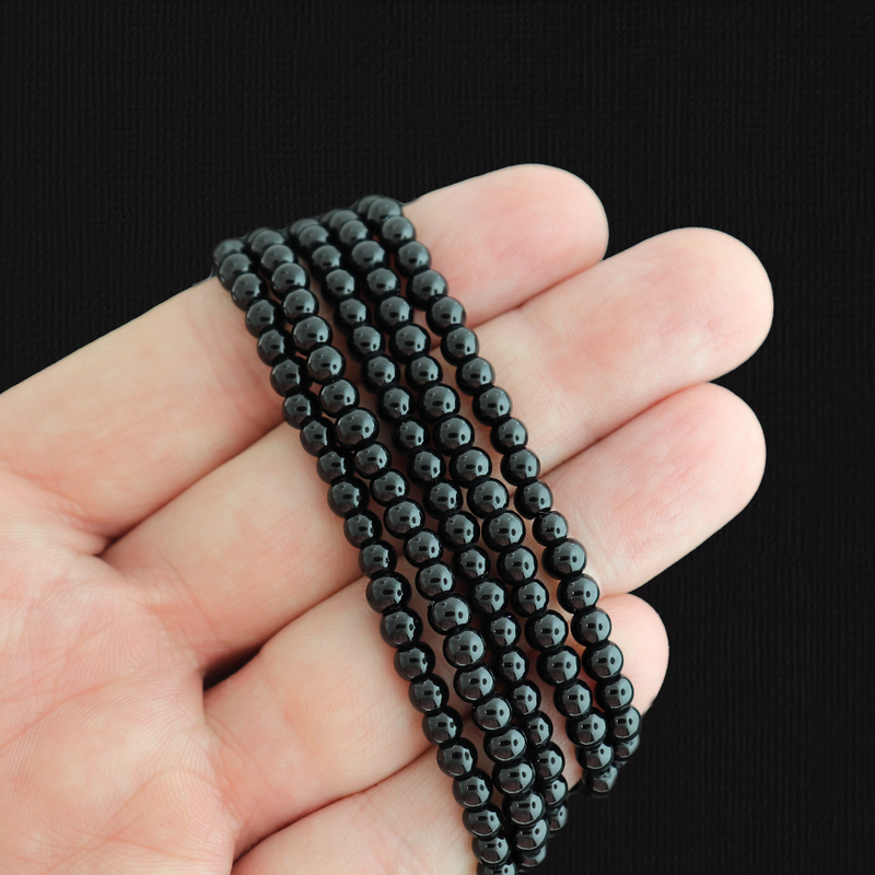 Round Glass Beads 4mm - Polished Black - 1 Strand 206 Beads - BD2807