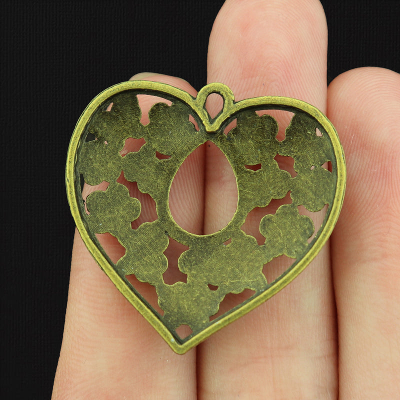 6 Floral Heart Antique Bronze Tone Charms - BC091