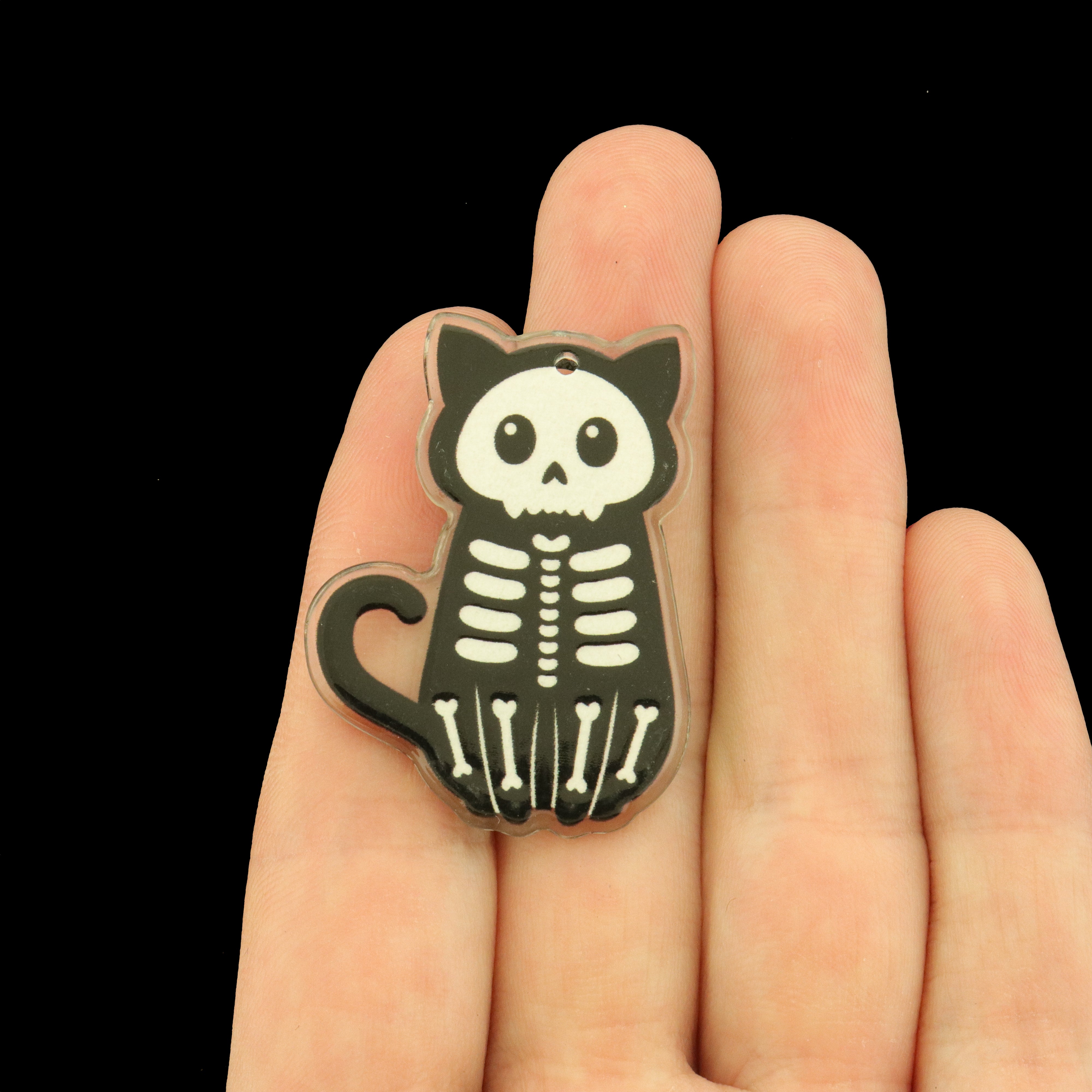 2 Black Cat Skeleton Halloween Acrylic Charms 2 Sided - K070