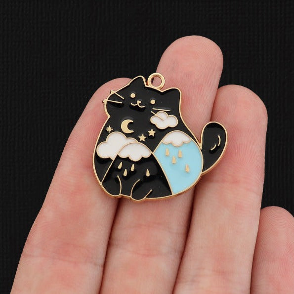 2 Black Cat with Mountain Scene Gold Tone Enamel Charms - E140
