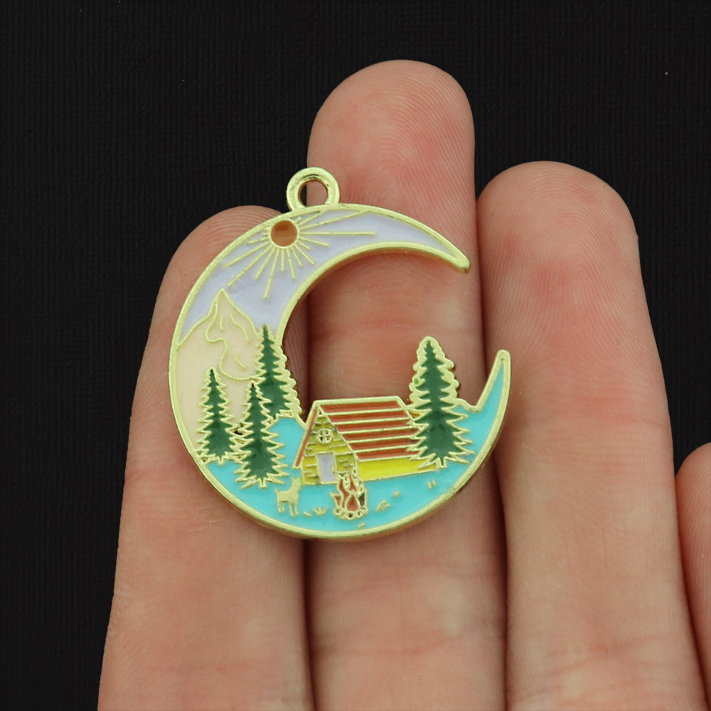 2 Cabin Crescent Moon Gold Tone Enamel Charms - E434