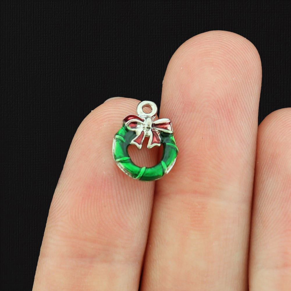 2 Christmas Wreath Silver Tone Enamel Charms - E083