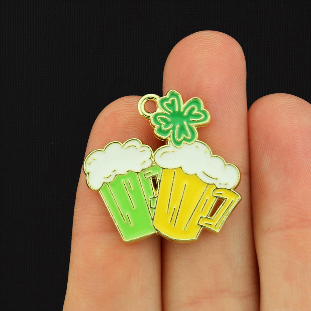 2 Clover Beer Mug Gold Tone Enamel Charms - E428