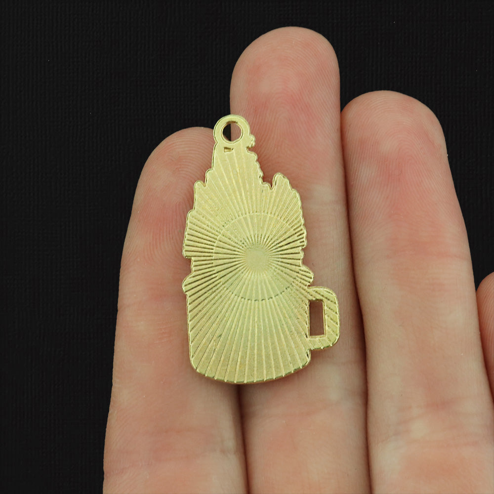 2 Explore Coffee Cup Camping Scene Gold Tone Enamel Charms - E432