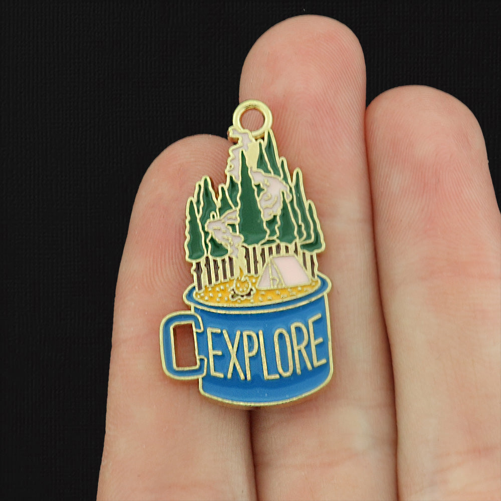 2 Explore Coffee Cup Camping Scene Gold Tone Enamel Charms - E432