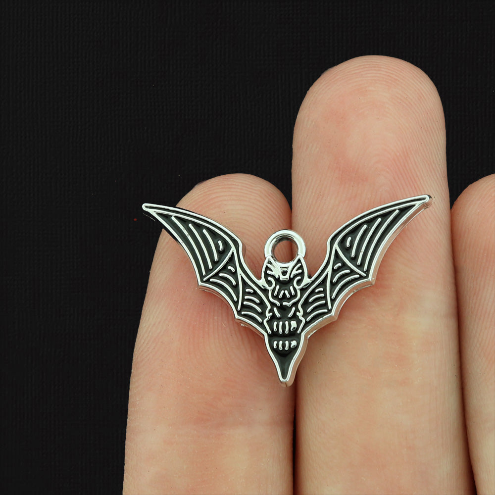 2 Halloween Bat Silver Tone Enamel Charms - E167