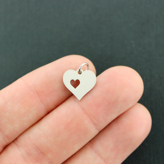 2 Heart Silver Tone Stainless Steel Charms 2 Sided with Attached Jump Ring - FD679