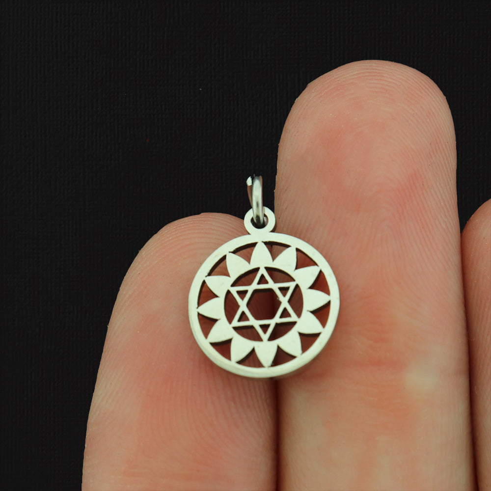 2 Heart or Anahata Yoga Healing Silver Tone Stainless Steel Charms 2 Sided - SSP613