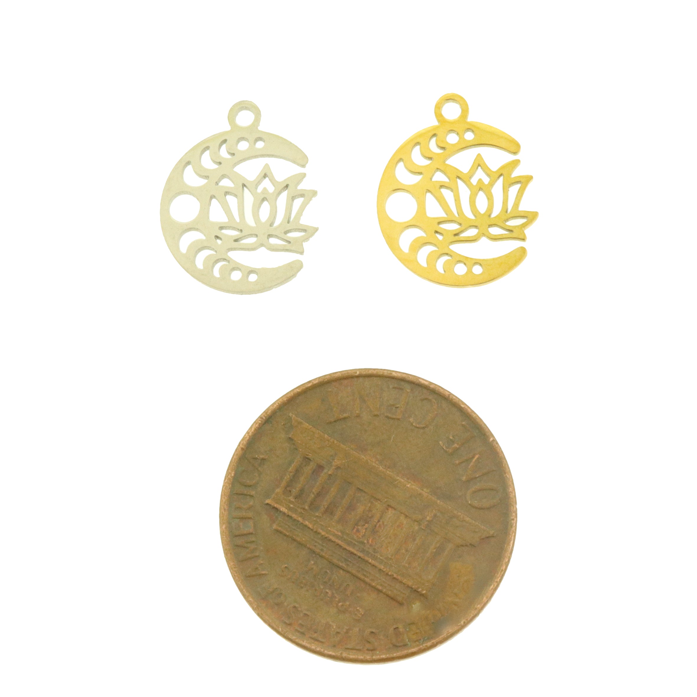 2 Breloques Lotus Phases de Lune en Acier Inoxydable Recto-Verso - Choisissez votre teinte !