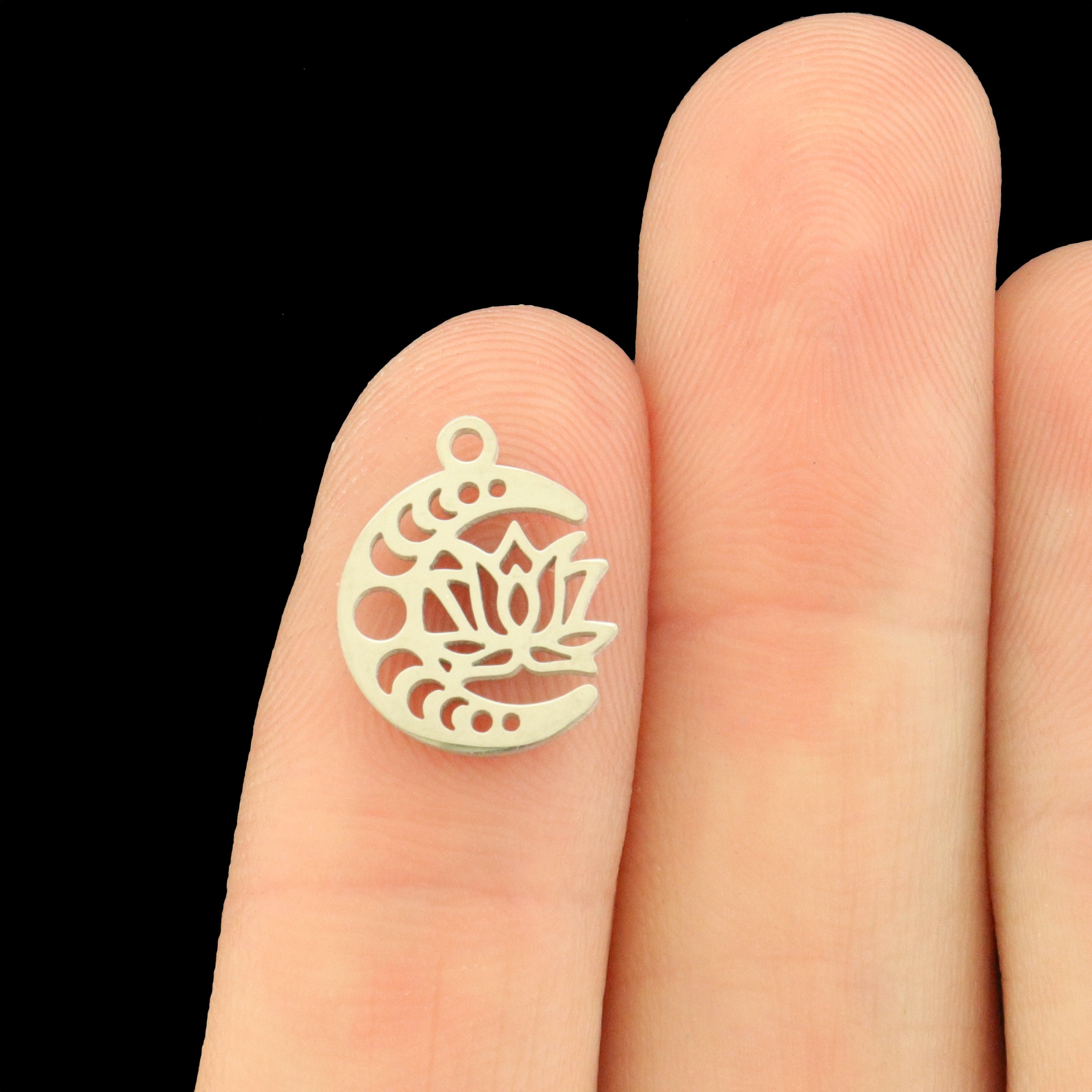 2 Moon Phases Lotus Stainless Steel Charms 2 Sided - Choose Your Tone!