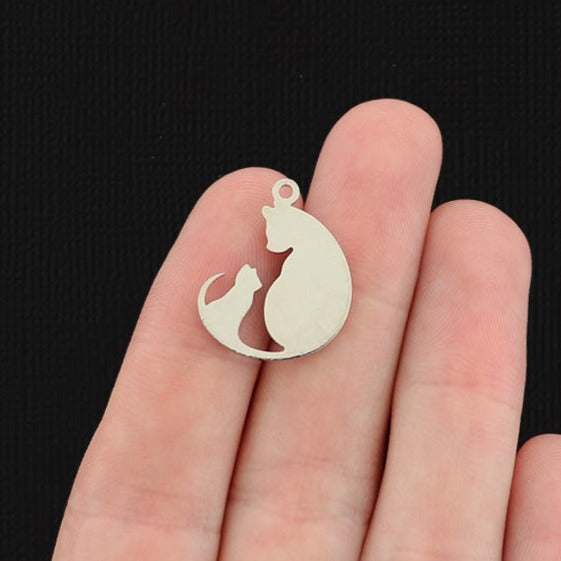 2 Mother Cat and Kitten Stainless Steel Charms 2 Sided - SSP624