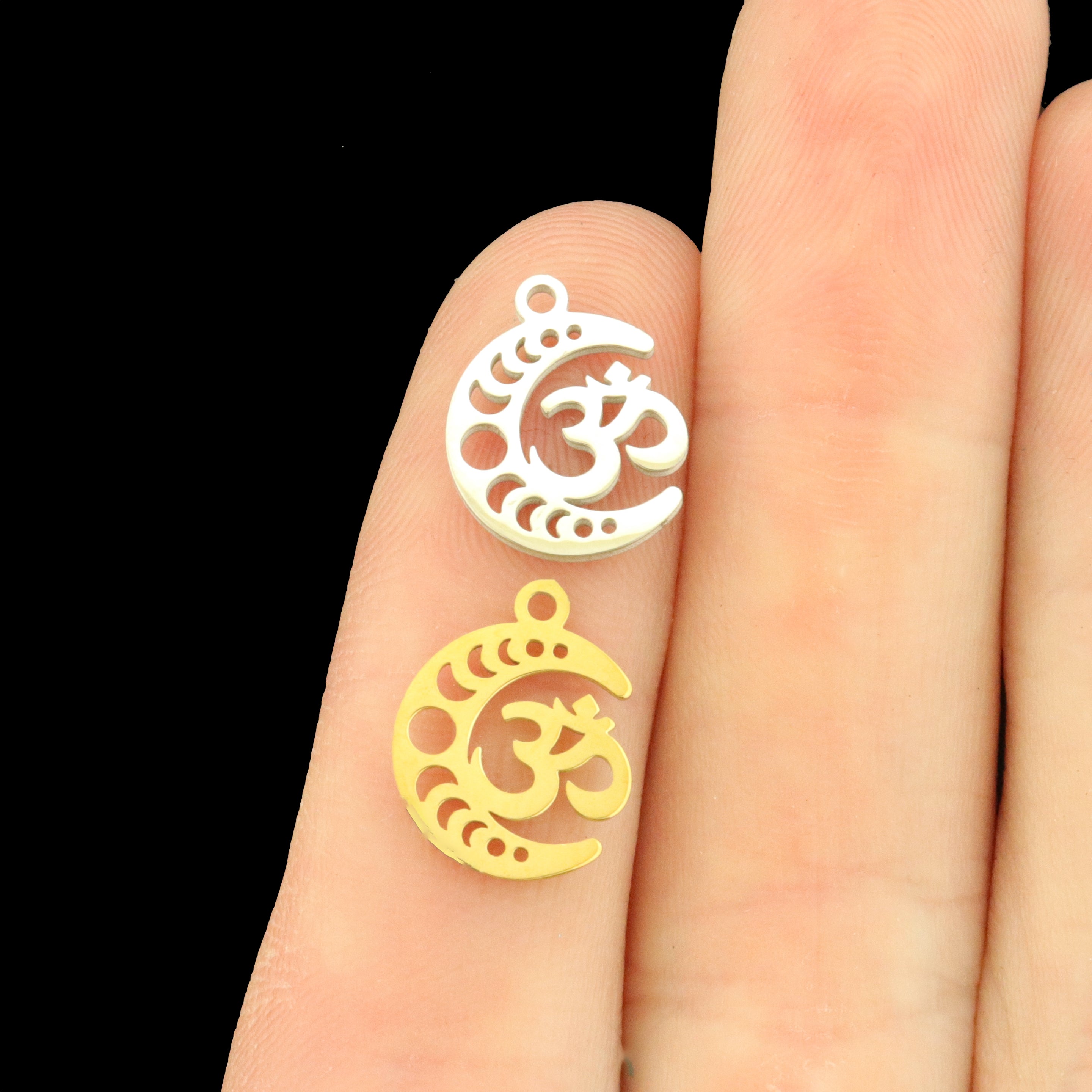 2 OM Moon Phases Stainless Steel Charms 2 Sided - Choose Your Tone!