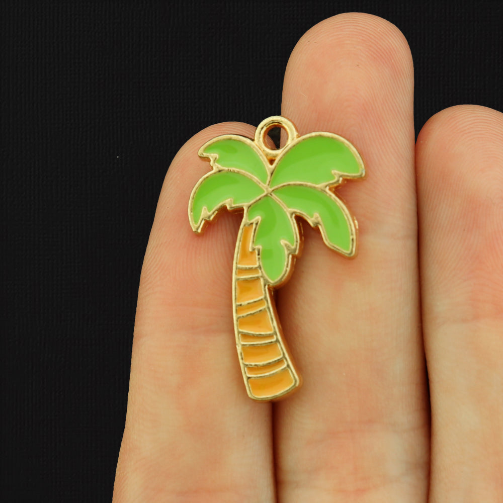 2 Palm Tree Gold Tone Enamel Charms - E198