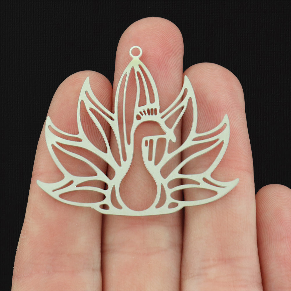 2 Peacock Silver Tone Stainless Steel Charms 2 Sided - SSP671