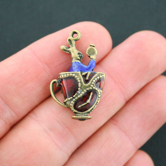 2 Rabbit Teacup Antique Bronze Tone Charms 2 Sided - BC976