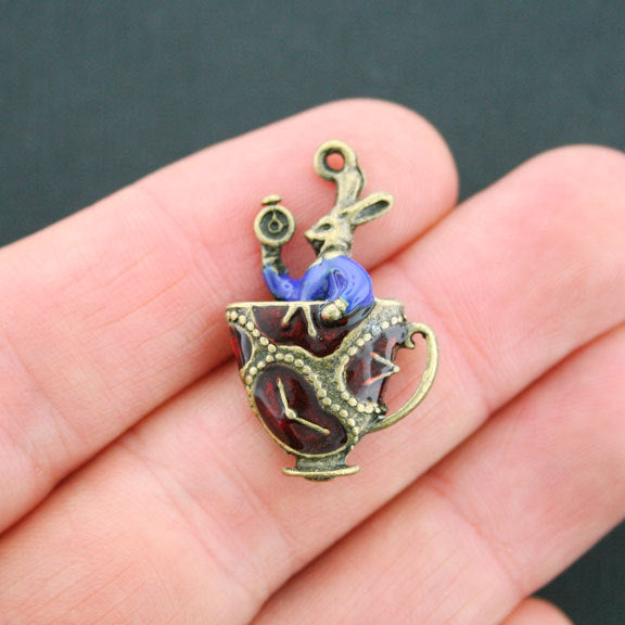 2 Rabbit Teacup Antique Bronze Tone Charms 2 Sided - BC976