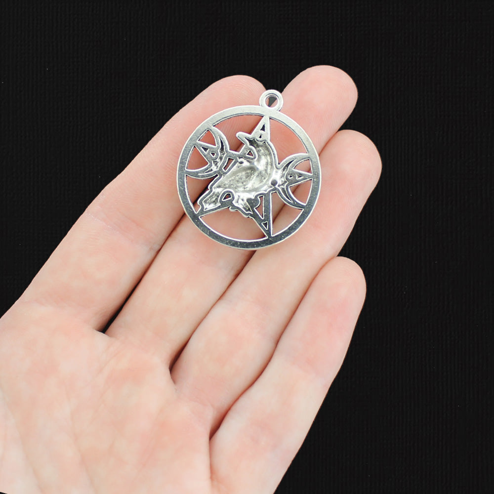 2 Raven Crescent Moon Pentagram Antique Silver Tone Charms - SC1057