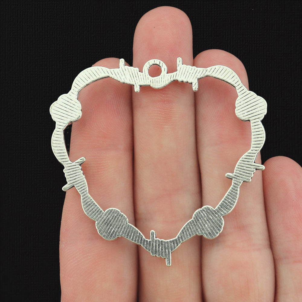 2 Rose Barbed Wire Heart Antique Silver Tone Charms - SC447