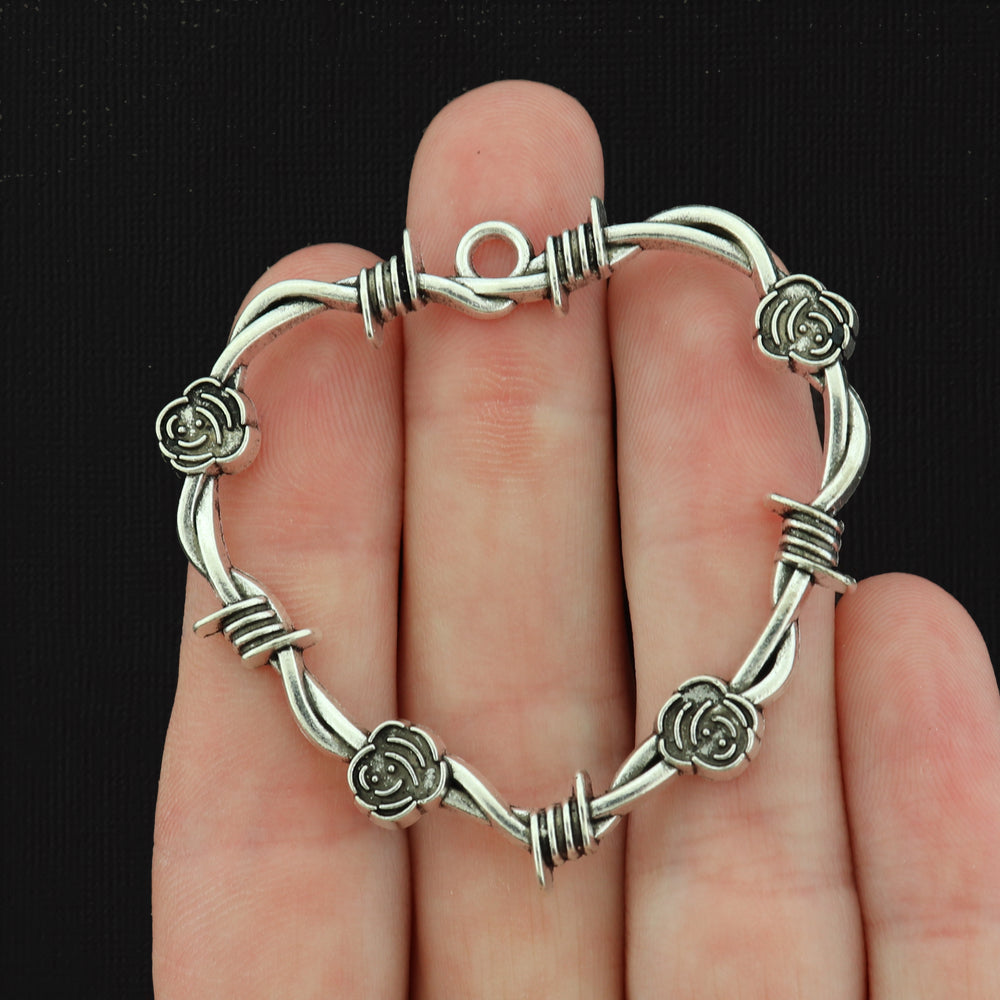 2 Rose Barbed Wire Heart Antique Silver Tone Charms - SC447