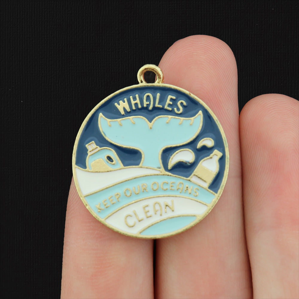 2 Whales Keep our Ocean Clean Gold Tone Enamel Charms - E249