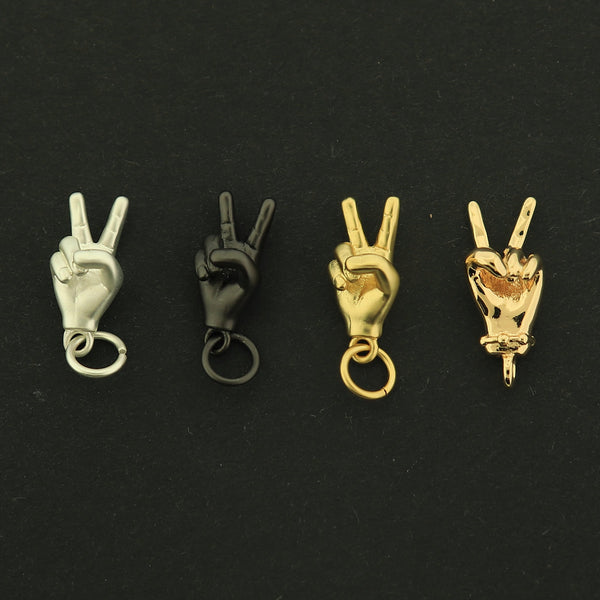 18k Gold Peace Sign Charm - Hand Sign Pendants - 18k Matte Gold Plated - Choose Your Tone