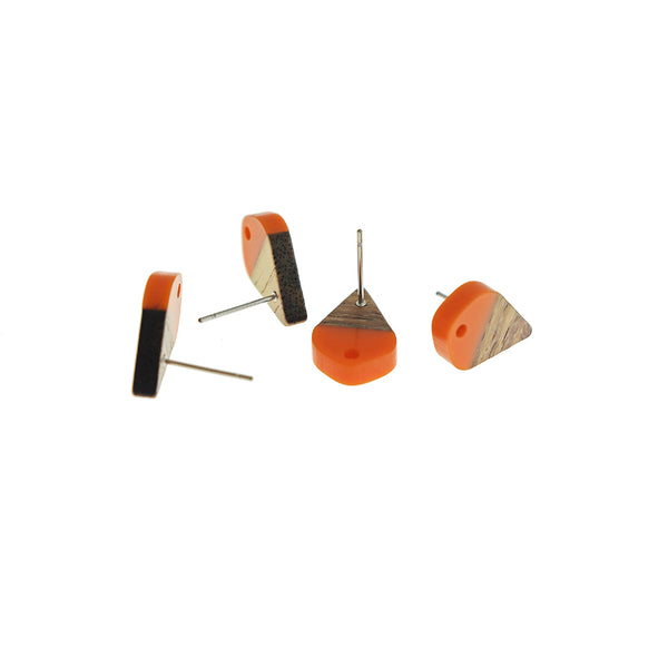 Wood Stainless Steel Earrings - Orange Resin Teardrop Studs - 17.5mm x 11mm - 2 Pieces 1 Pair - ER661