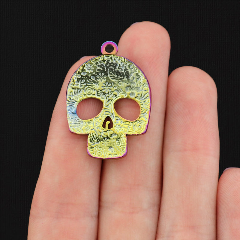 Floral Pattern Skull Rainbow Electroplated Stainless Steel Charm - SSP047