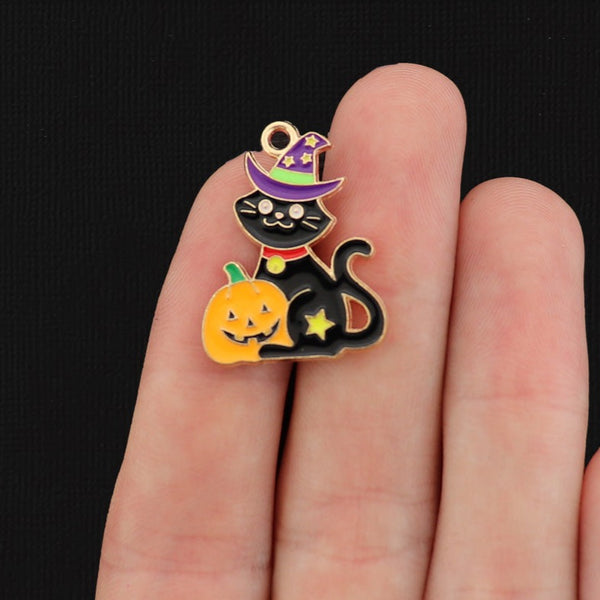 4 Witch Black Cat with Pumpkin Gold Tone Enamel Charms - E020