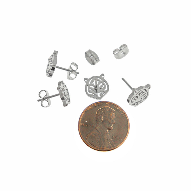Stainless Steel Earrings - Tiger Studs - 9mm x 9mm - 1 Pair - Choose Your Tone!