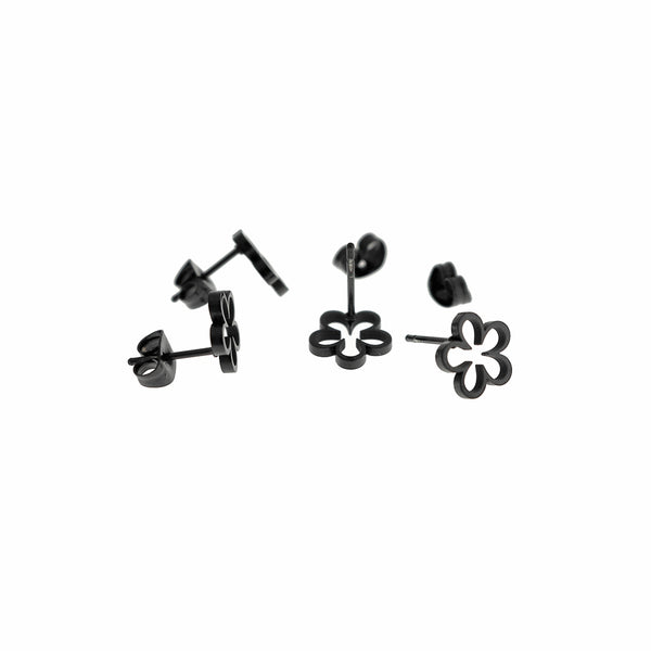 Black Tone Stainless Steel Earrings - Flower Studs - 8mm - 2 Pieces 1 Pair - ER835