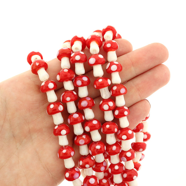 Mushroom Lampwork Glass Beads 12.5-14mm - Red - 1 Strand 24 Beads - BD099