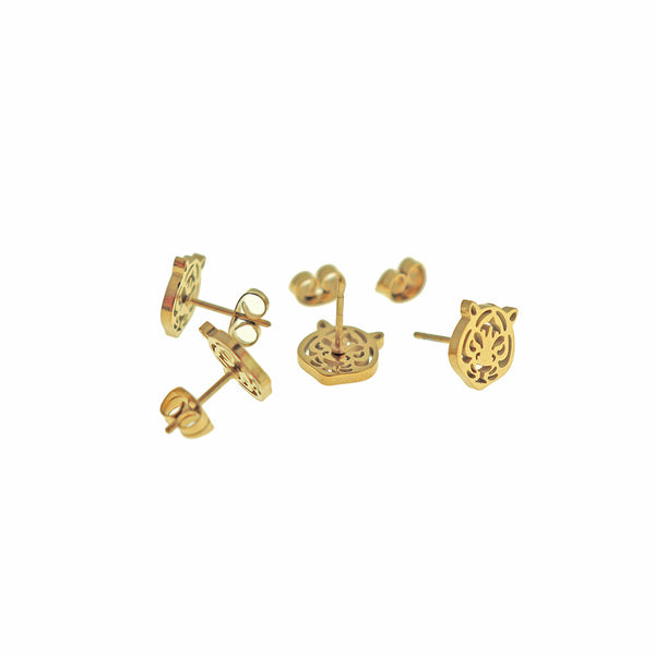 Gold Tone Stainless Steel Earrings - Tiger Studs - 9mm x 9mm - 2 Pieces 1 Pair - ER963