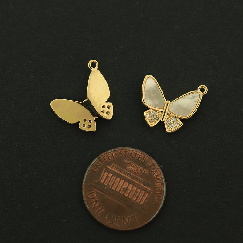 14k Gold Butterfly Charm - 2 Butterfly Charms - Mother of Pearl Pendant - 14k Gold Filled - GLD234