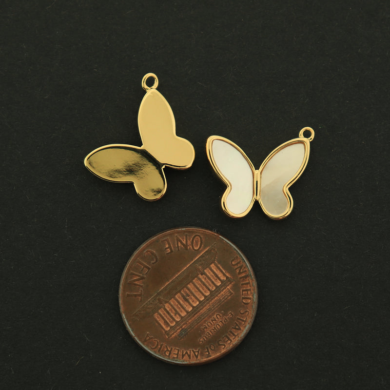 14k Gold Butterfly Charm - Mother of Pearl Pendant - 14k Gold Filled - GLD235