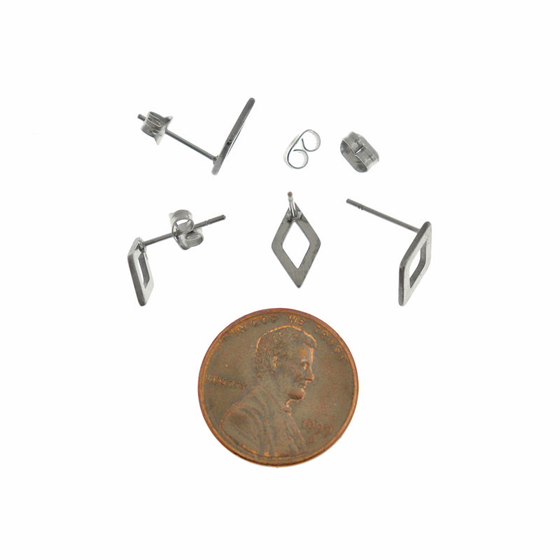 Silver Tone Stainless Steel Earrings - Rhombus Studs - 9mm x 5mm - 2 Pieces 1 Pair - ER985