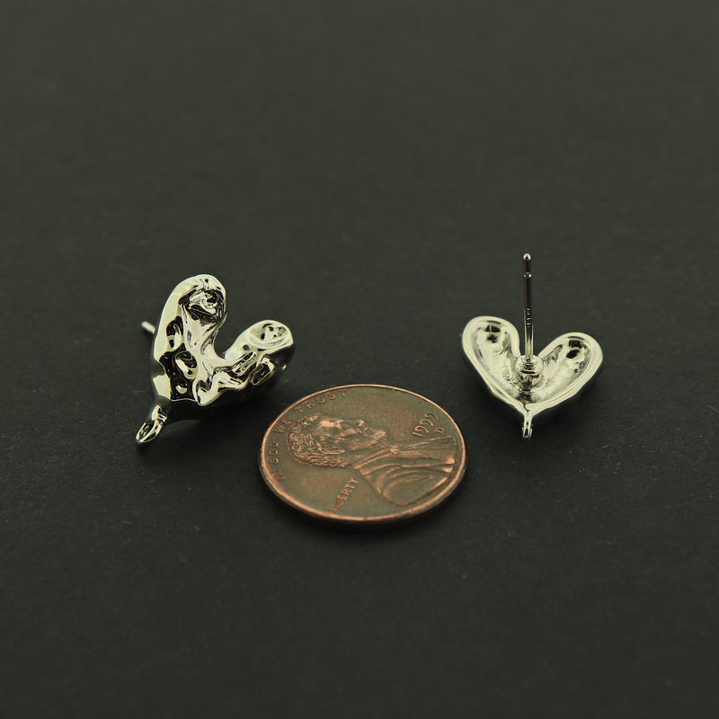 14k Gold Heart Earrings - Irregular Heart Stud With Loop - 14k Gold Plated - Choose Your Tone