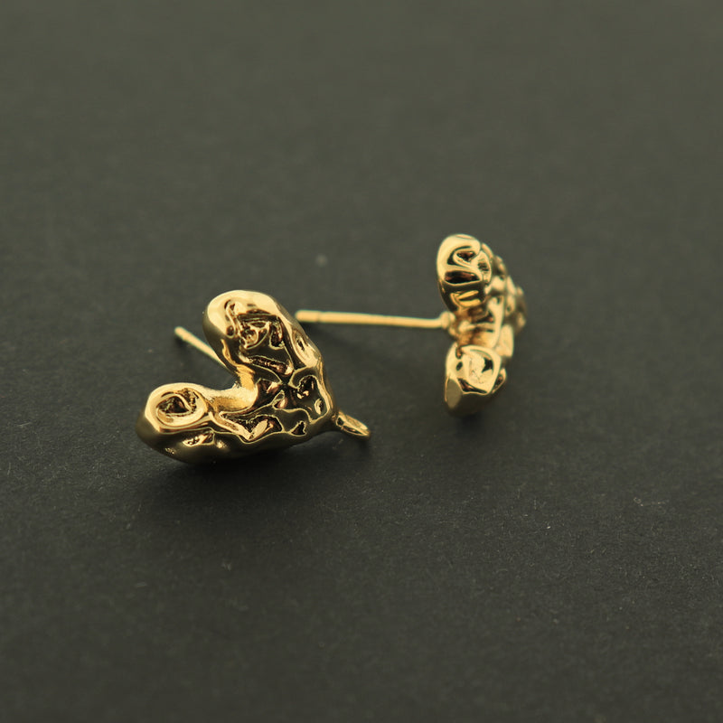 14k Gold Heart Earrings - Irregular Heart Stud With Loop - 14k Gold Plated - Choose Your Tone