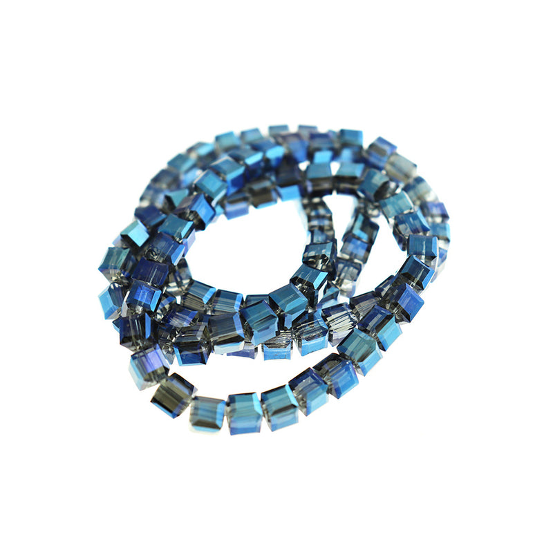 Faceted Cube Glass Beads 7mm x 7mm - Electroplated Blue - 1 Strand 100 Beads - BD632