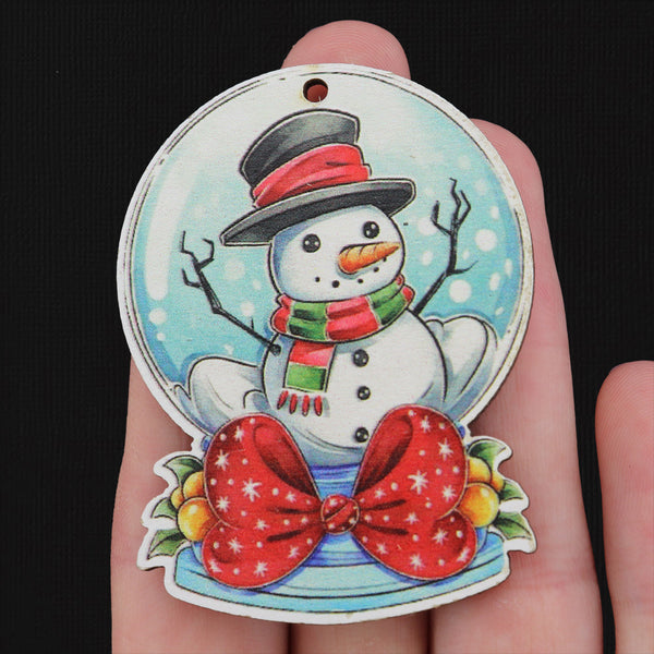 4 Christmas Snow Globe Snowman Natural Wood Charms - WP012