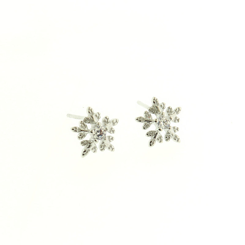 Rhinestone Brass Earrings - Snowflake Studs - 9mm x 8.5mm - 2 Pieces 1 Pair - ER175