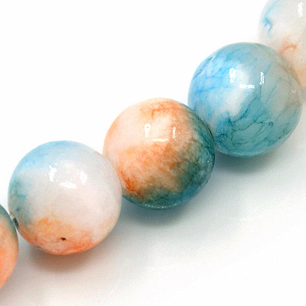 Perles rondes en jade naturel 6 mm - Bleu, pêche et blanc - 1 brin 62 perles - BD726