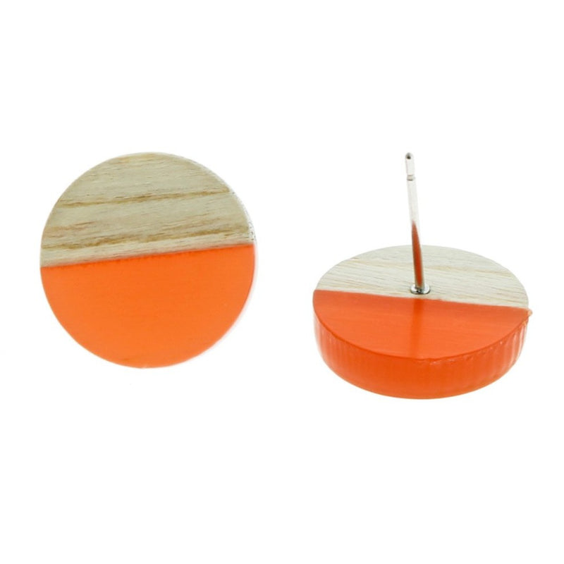 Boucles d'Oreilles Bois Acier Inoxydable - Clous Ronds Résine Rose - 15mm - 2 Pièces 1 Paire - ER109