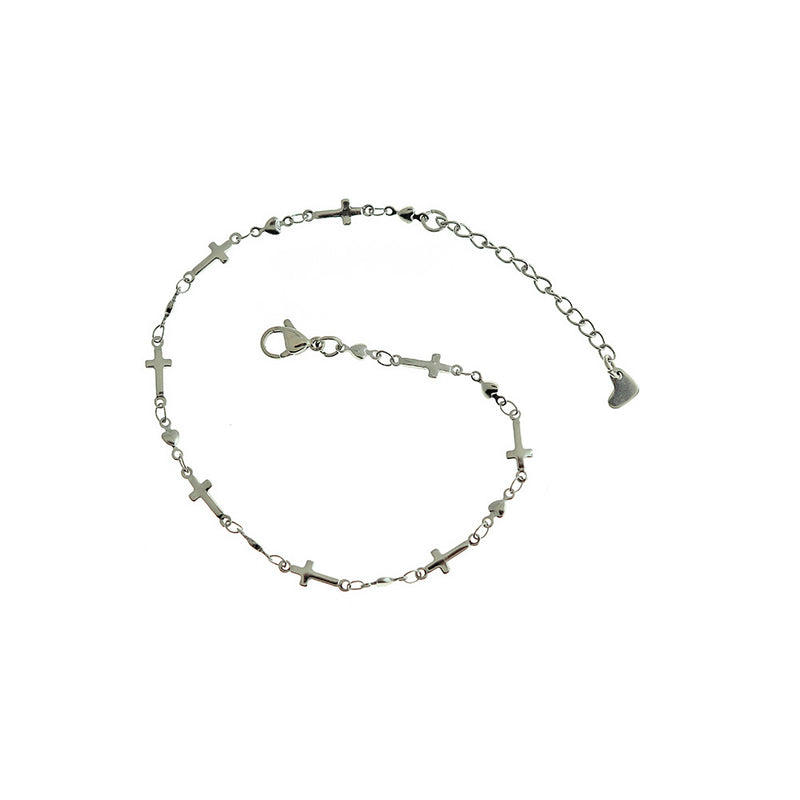 Bracelets chaîne coeur croix acier inoxydable 11" plus prolongateur - 3mm - 5 bracelets - N498