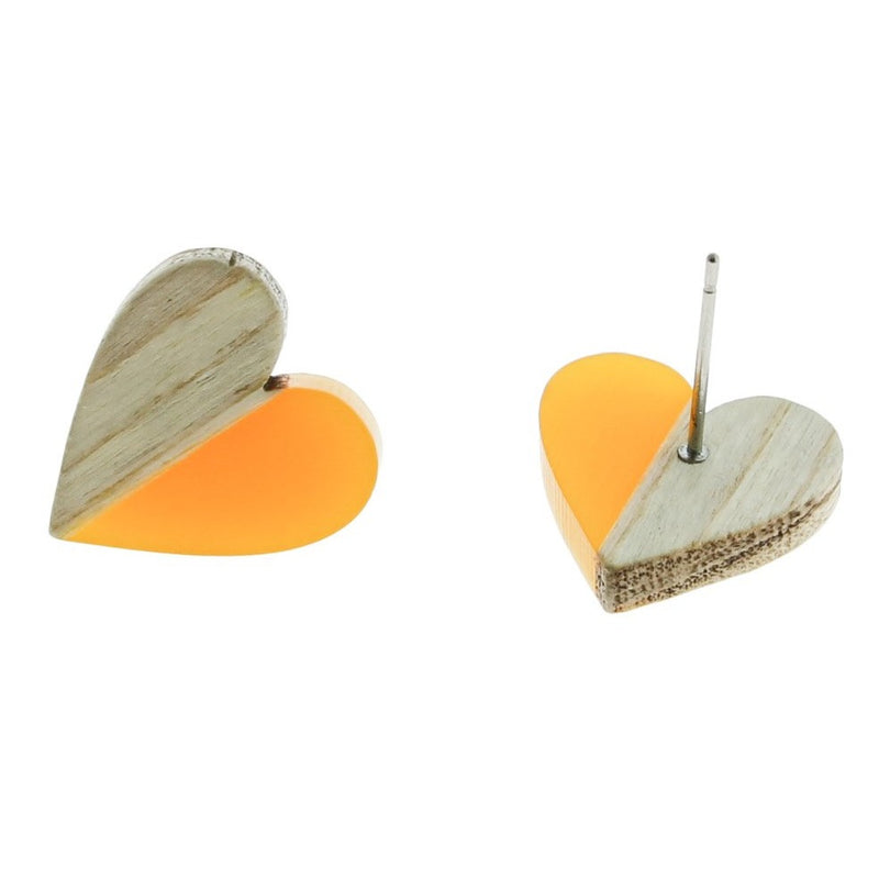 Boucles d'Oreilles Bois Acier Inoxydable - Clous Coeur Résine Rouge - 15mm x 14mm - 2 Pièces 1 Paire - ER133