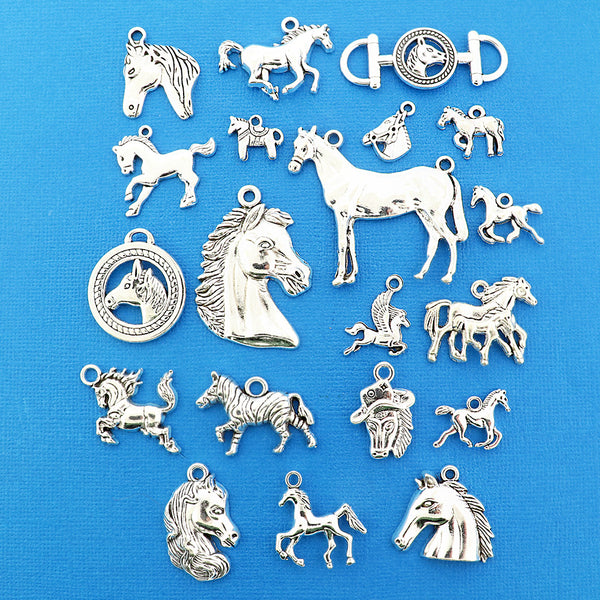 Horse Lover Charm Collection Antique Silver Tone 20 Different Charms - COL395H