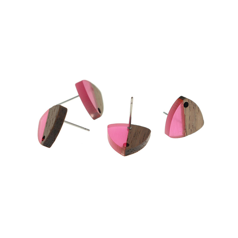 Wood Stainless Steel Earrings - Pink Resin Triangle Studs - 14mm x 13mm - 2 Pieces 1 Pair - ER672