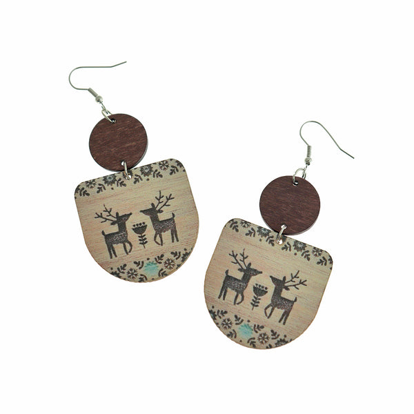 Silver Tone Wood Earrings - Reindeer French Hook Style - 60mm x 60mm - 2 Pieces 1 Pair - ER972