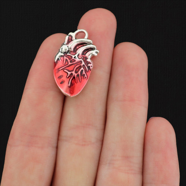4 Red Anatomical Human Heart Silver Tone Enamel Charms - E058